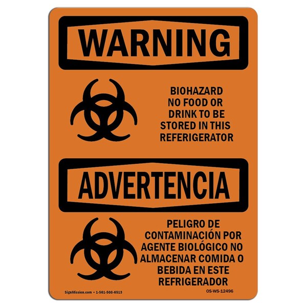 Signmission OSHA Warning Sign, 7" H, 10" W, Biohazard No Food Or Drink Bilingual, Landscape, WS-D-L-12496 OS-WS-D-710-L-12496 - main
